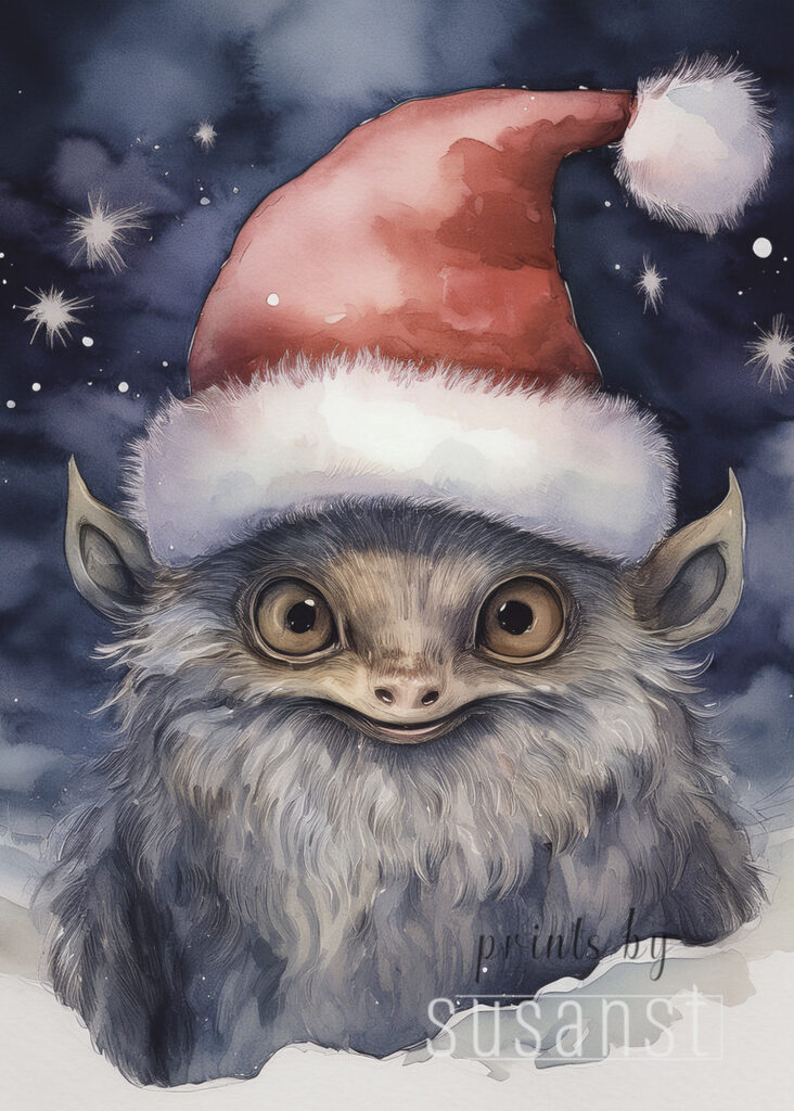 A Christmas card with a monster with a christmas hat