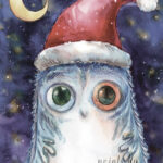 A Christmas card with a monster with a christmas hat