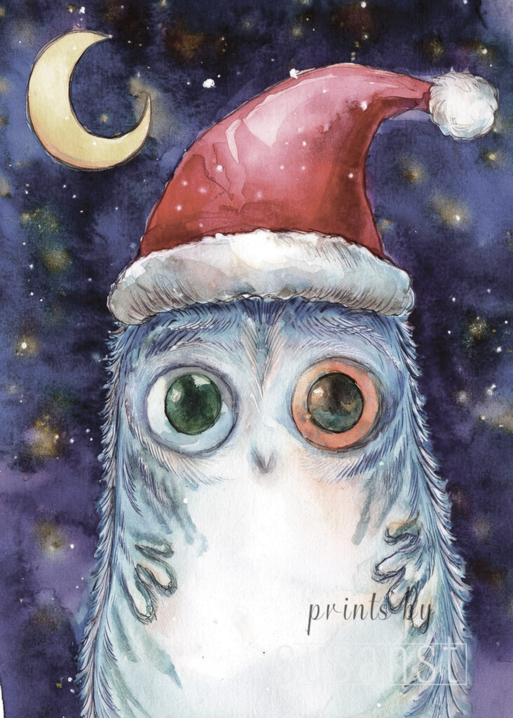 A Christmas card with a monster with a christmas hat