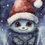 A Christmas card with a monster with a christmas hat
