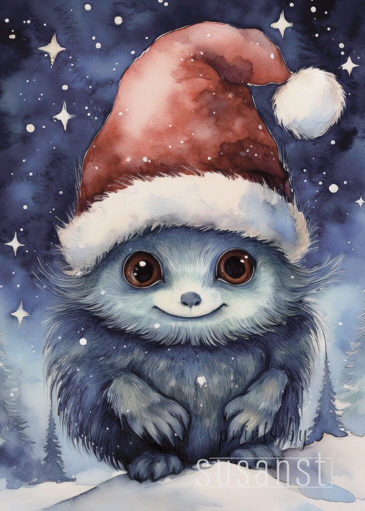 A Christmas card with a monster with a christmas hat