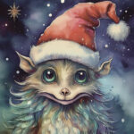 A Christmas card with a monster with a christmas hat