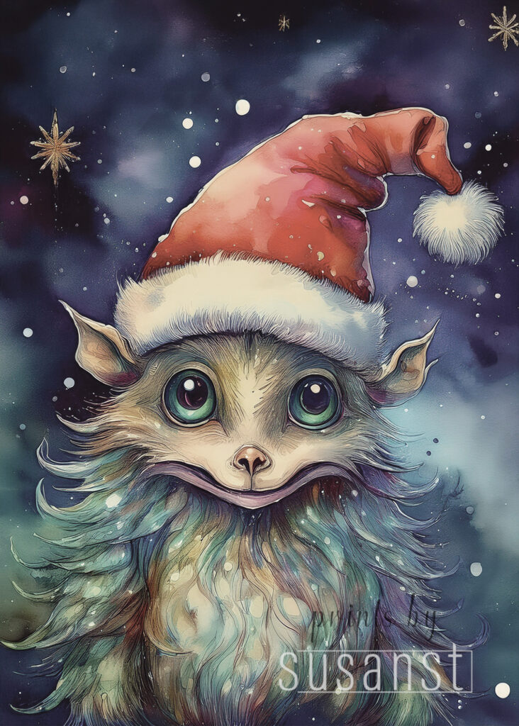 A Christmas card with a monster with a christmas hat