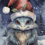 A Christmas card with a monster with a christmas hat
