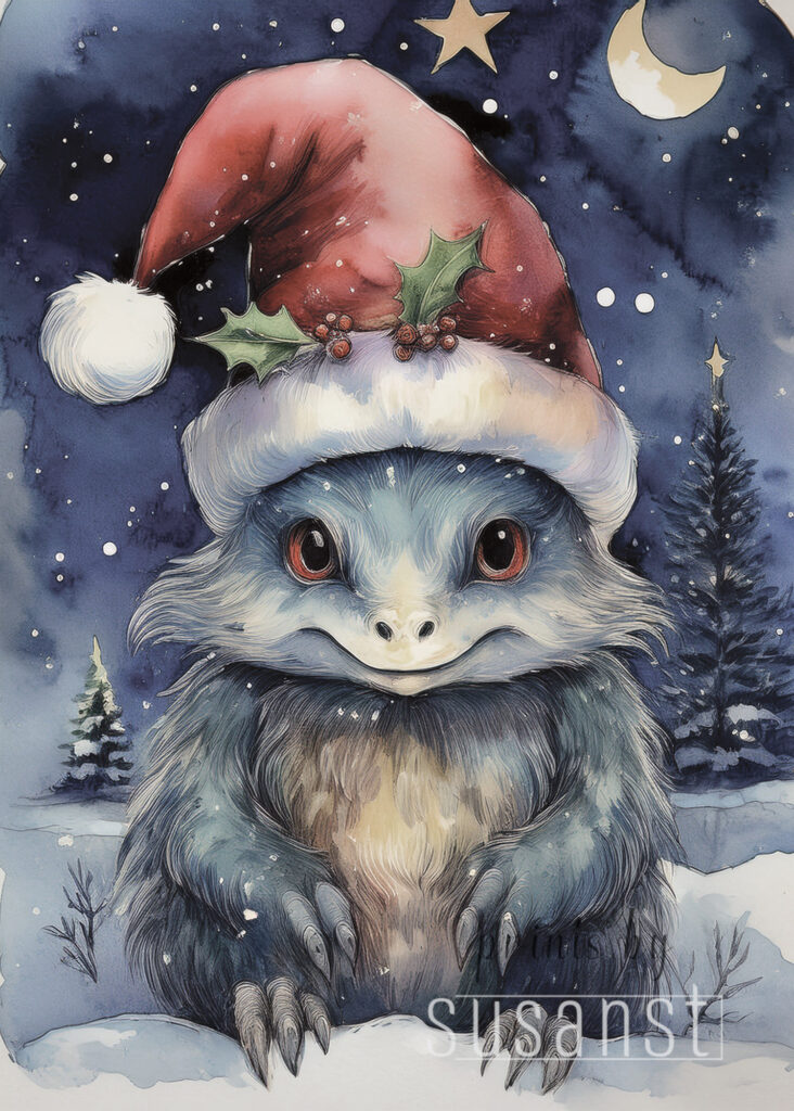 A Christmas card with a monster with a christmas hat