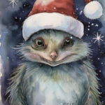 A Christmas card with a monster with a christmas hat
