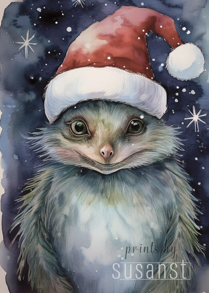 A Christmas card with a monster with a christmas hat