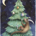 A Christmas card with a monster on the christmas tree