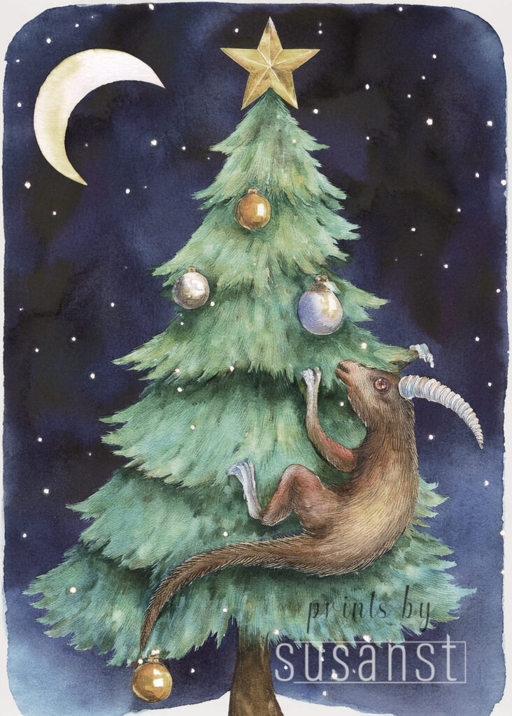 A Christmas card with a monster on the christmas tree