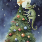 A Christmas card with a monster on the christmas tree