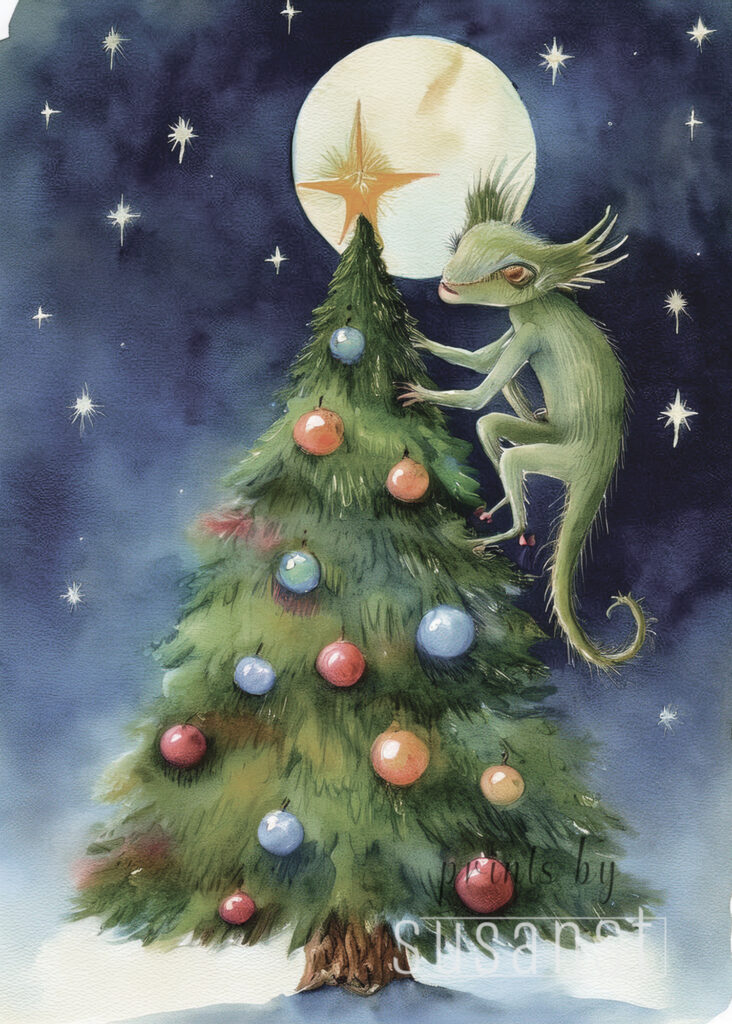 A Christmas card with a monster on the christmas tree