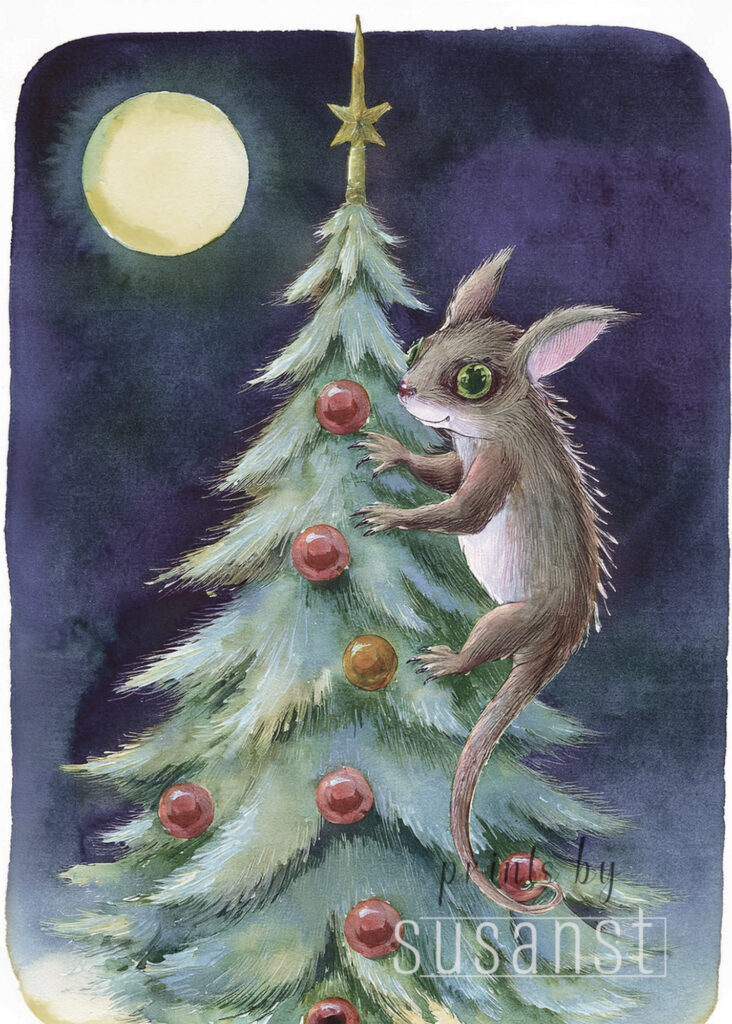A Christmas card with a monster on the christmas tree