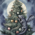 A Christmas card with a monster on the christmas tree