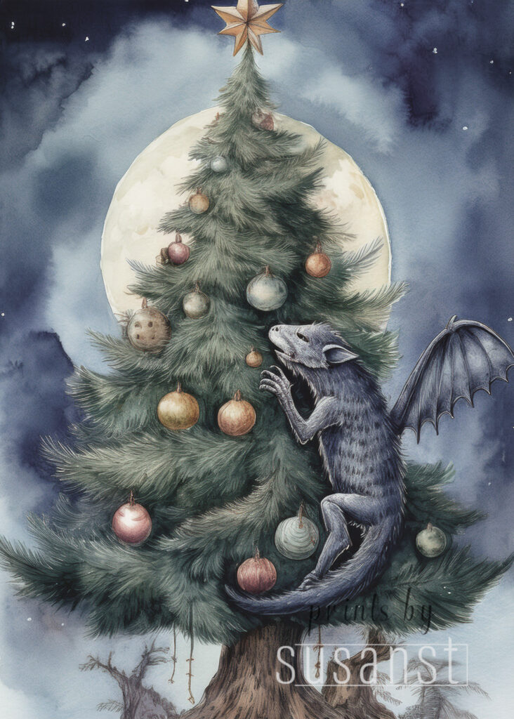 A Christmas card with a monster on the christmas tree