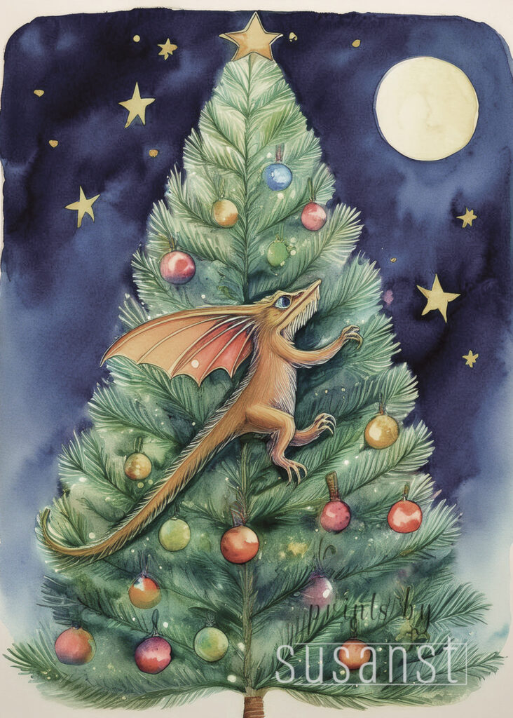 A Christmas card with a monster on the christmas tree