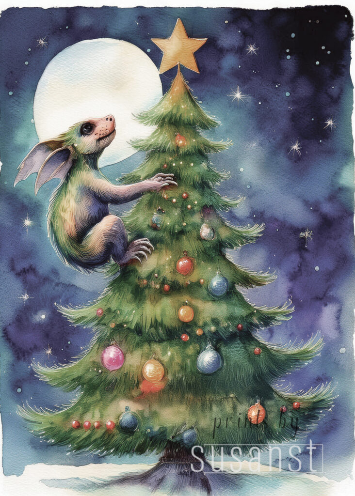 A Christmas card with a monster on the christmas tree