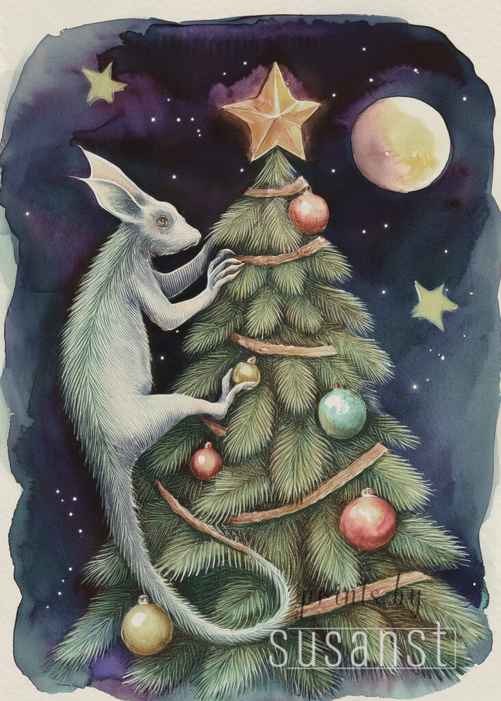 A Christmas card with a monster on the christmas tree